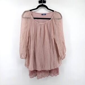 Giulia Blouse 100% Silk Lace Hem Large Pink Womens Boho Made In Italy Top